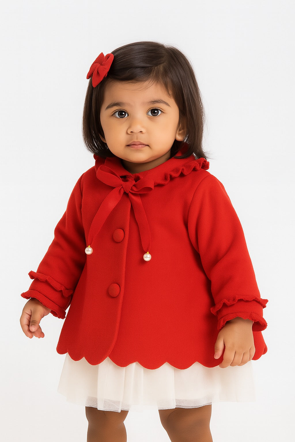 Girls red woolen jacket with bell sleeves and pearl bow accent