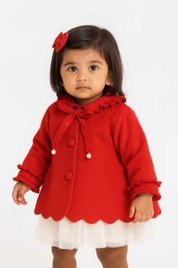 Girls red woolen jacket with bell sleeves and pearl bow accent