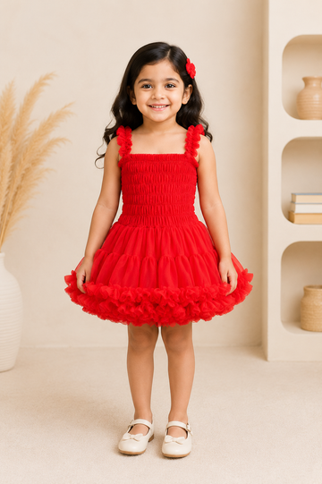 Bright Red Frill Net Party Dress for Baby Girls – Sleeveless & Stretchable