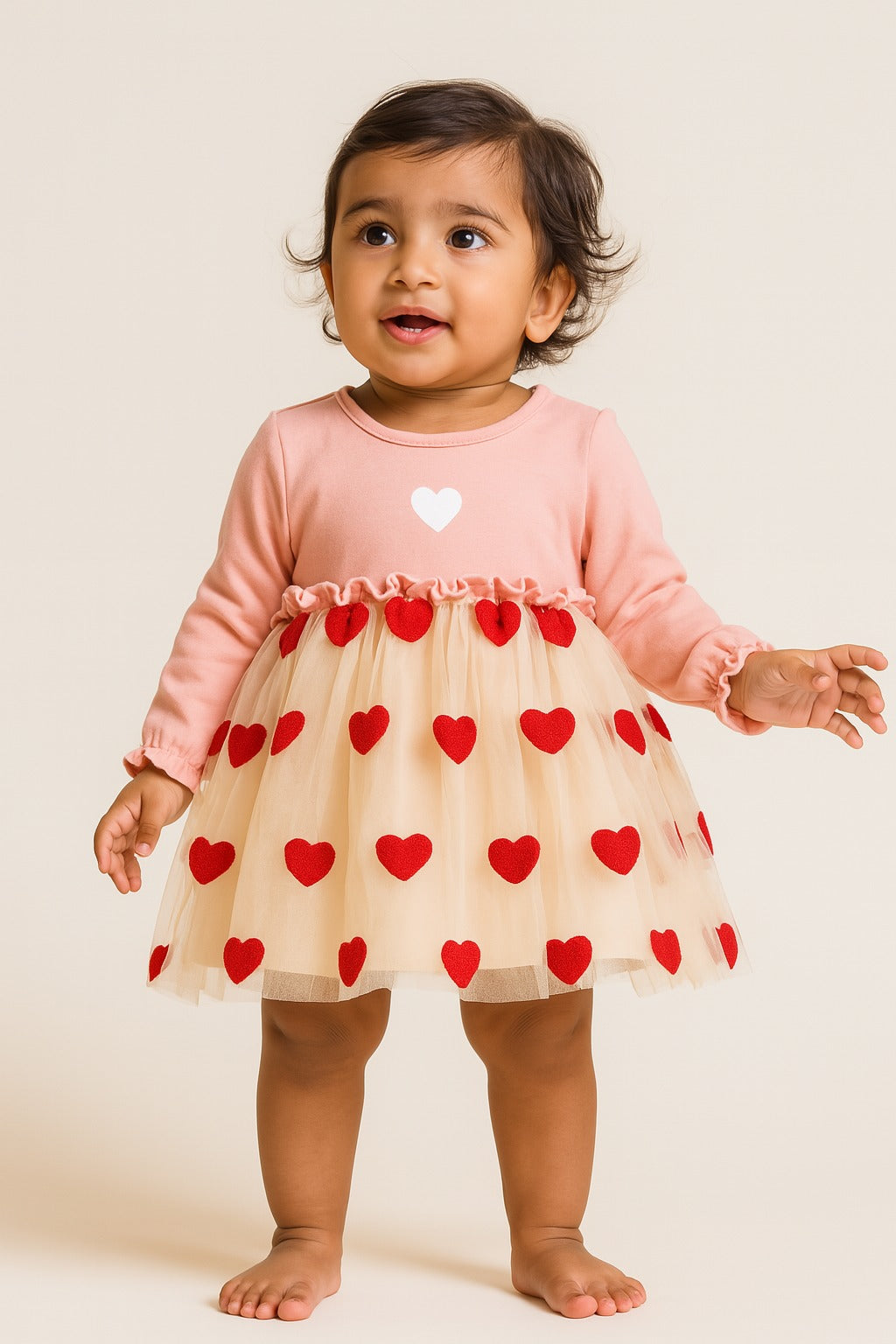 Sweetheart Pink Baby Dress with Red Heart Tulle Skirt – Long Sleeve Cotton Party Dress for Girls - Inayah Fashion