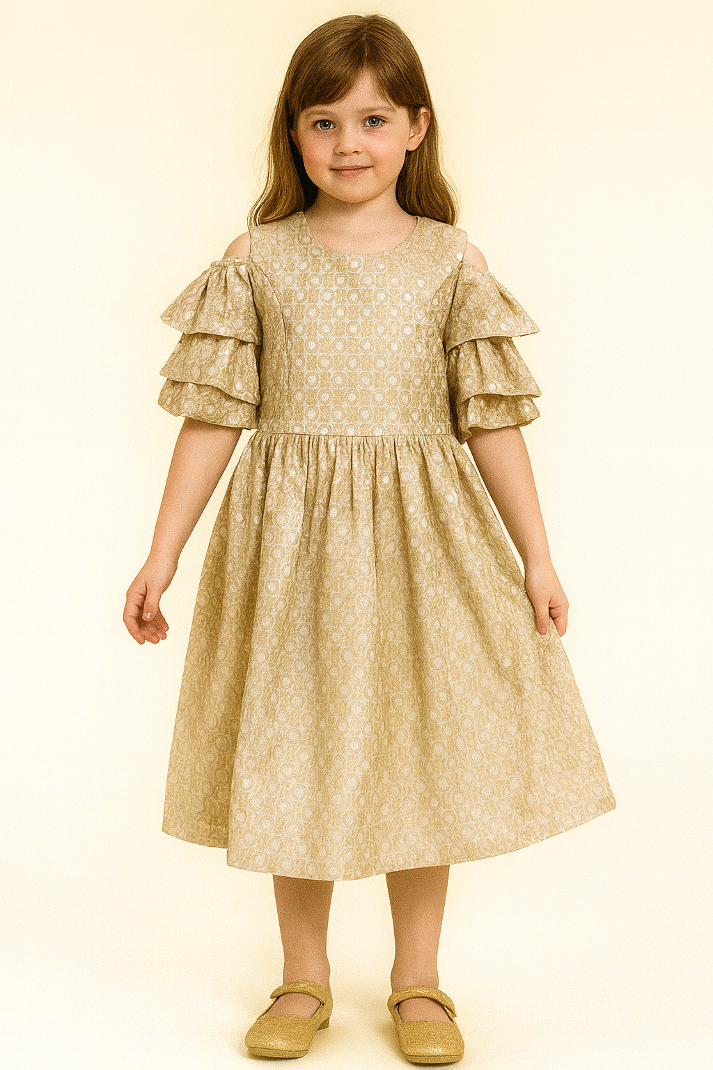 Elegant Beige Girls Midi Dress with Shimmer Circle Pattern and Triple-Layered Ruffle Sleeves - Inayah Fashion