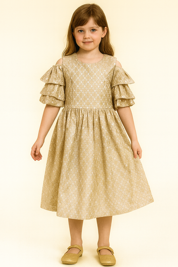 Elegant Beige Girls Midi Dress with Shimmer Circle Pattern and Triple-Layered Ruffle Sleeves - Inayah Fashion