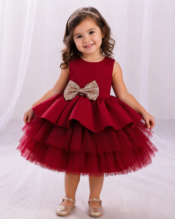 Baby girls wine red layered tulle party gown with sequin bow