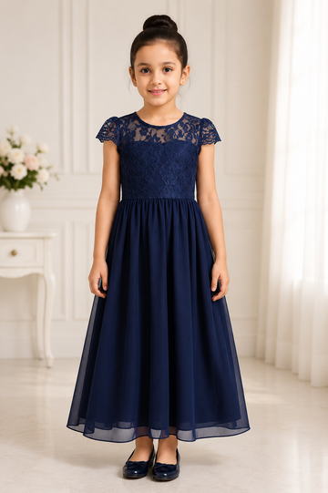 Girls Navy Blue Long Gown with Elegant Lace Bodice and Cap Sleeves