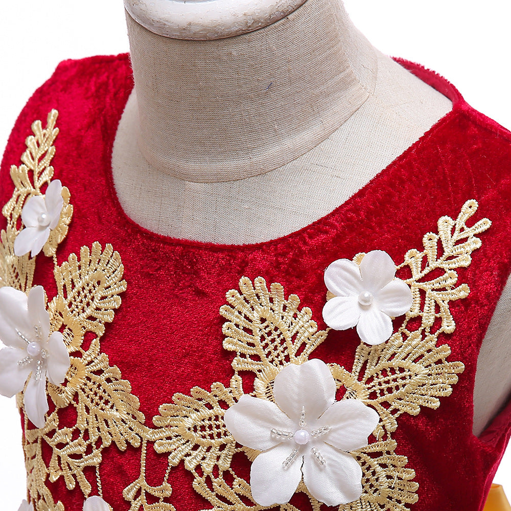 Charming Red and Yellow Party Gown for Girls with 3D Floral Applique and Net Flare - Inayah Fashion