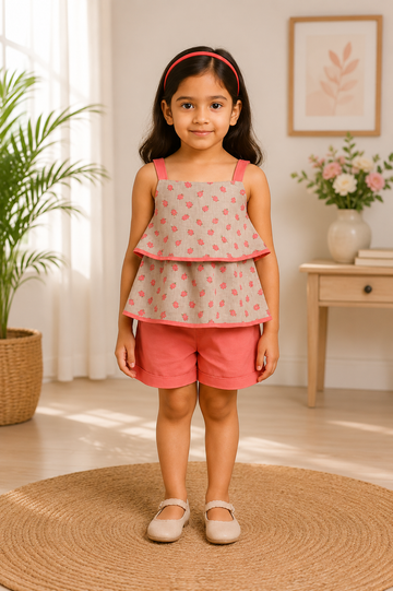 Girls' Summer Strawberry Print Frill Top with Shorts Set – Pink & Beige