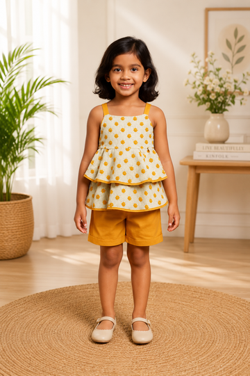 Yellow Ladybug Printed Frill Top with Matching Shorts for Girls