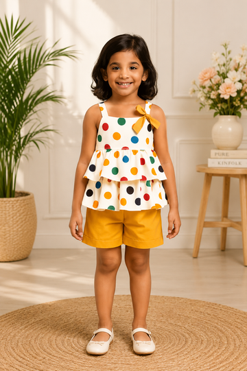 Colorful Polka Dot Sleeveless Top with Yellow Shorts for Baby Girls