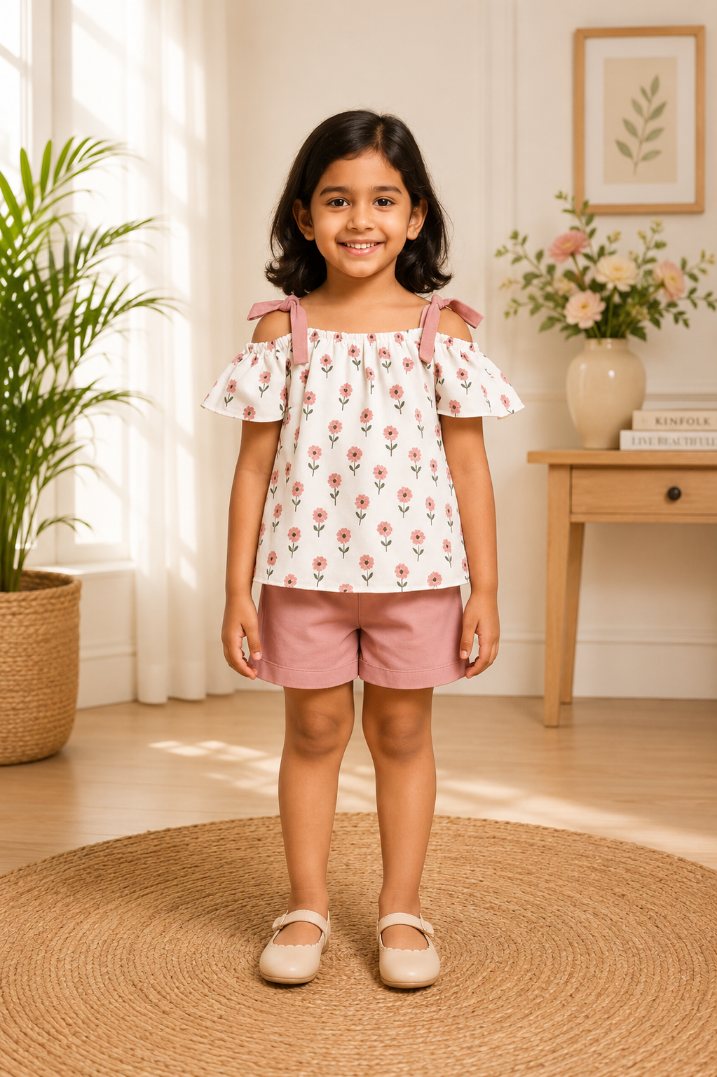 Pink floral off-shoulder top with ruffle sleeves and matching shorts for baby girls