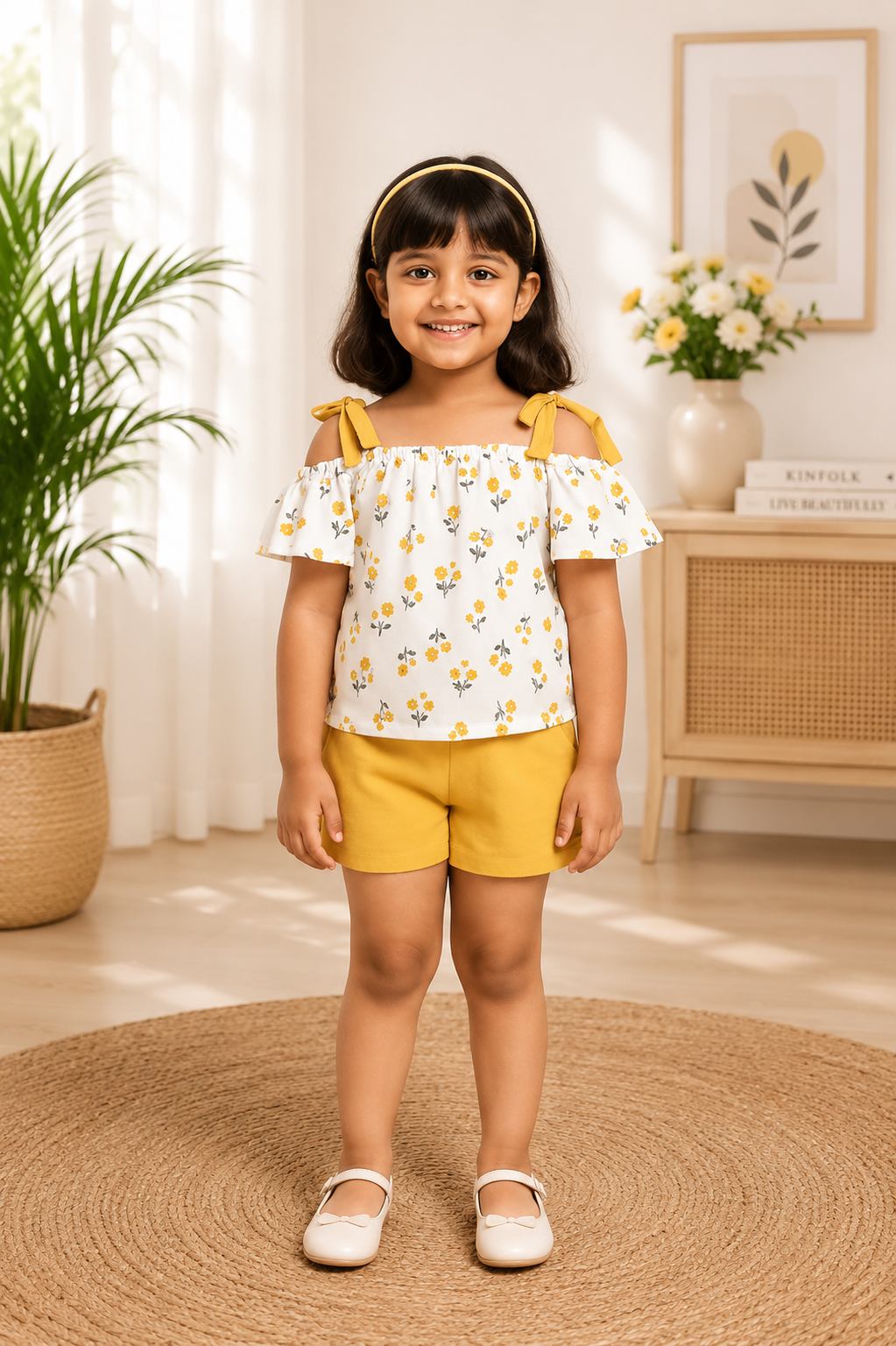 Yellow floral off-shoulder top with tie-up straps and matching shorts for baby girls