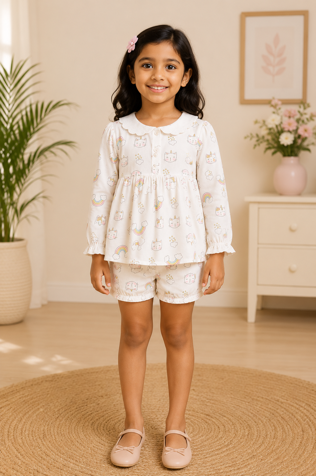 Rainbow and kitty print white cotton nightwear set for baby girls