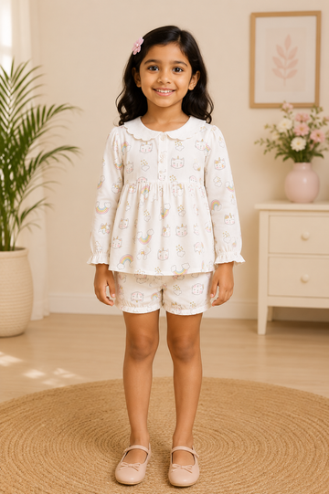 Rainbow and kitty print white cotton nightwear set for baby girls