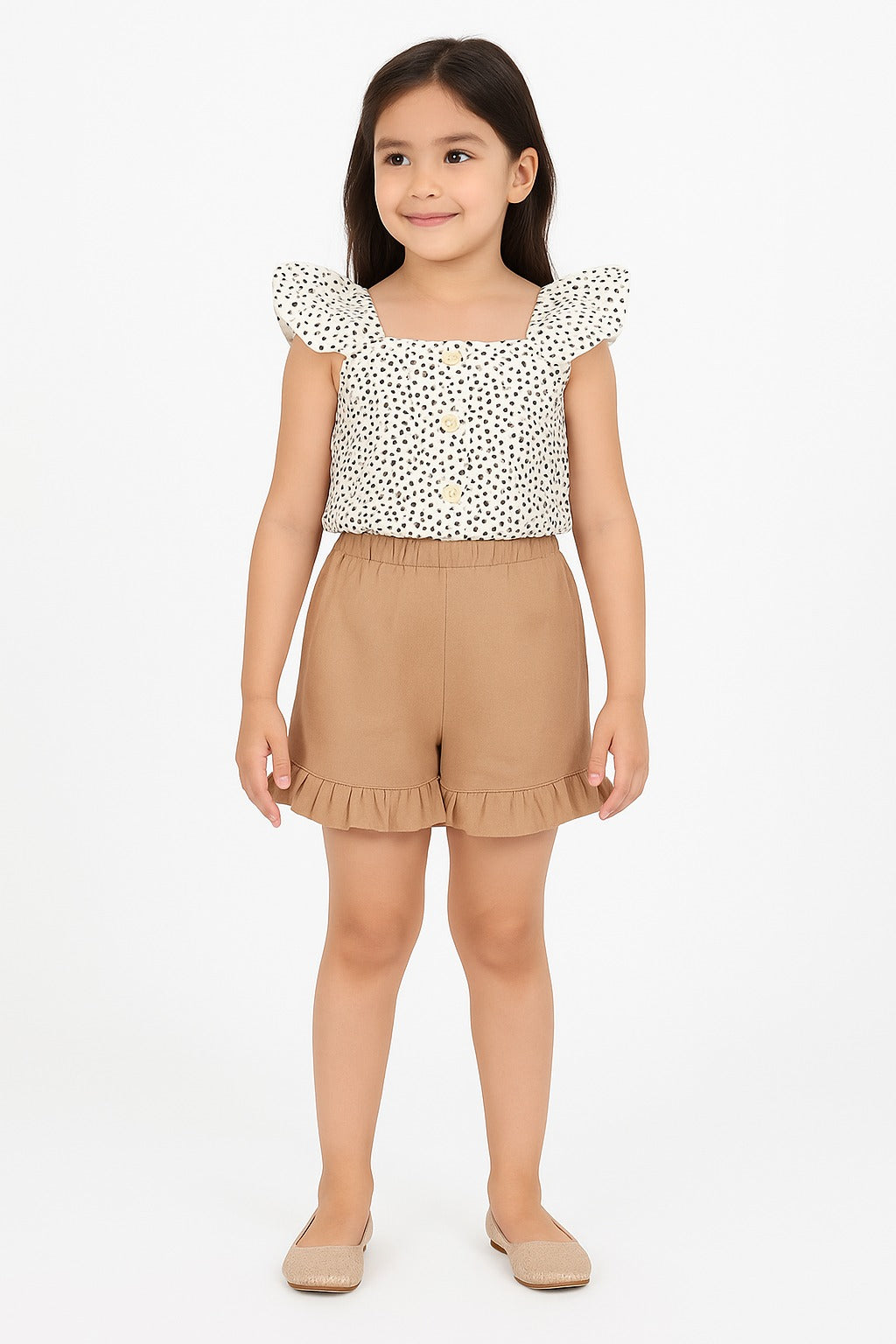 Polka Dot Sleeveless Top & Ruffle Shorts Set for Girls – Stylish Summer Co-ord Outfit in Beige and White – Casual Wear for Toddlers & Kids - Inayah Fashion