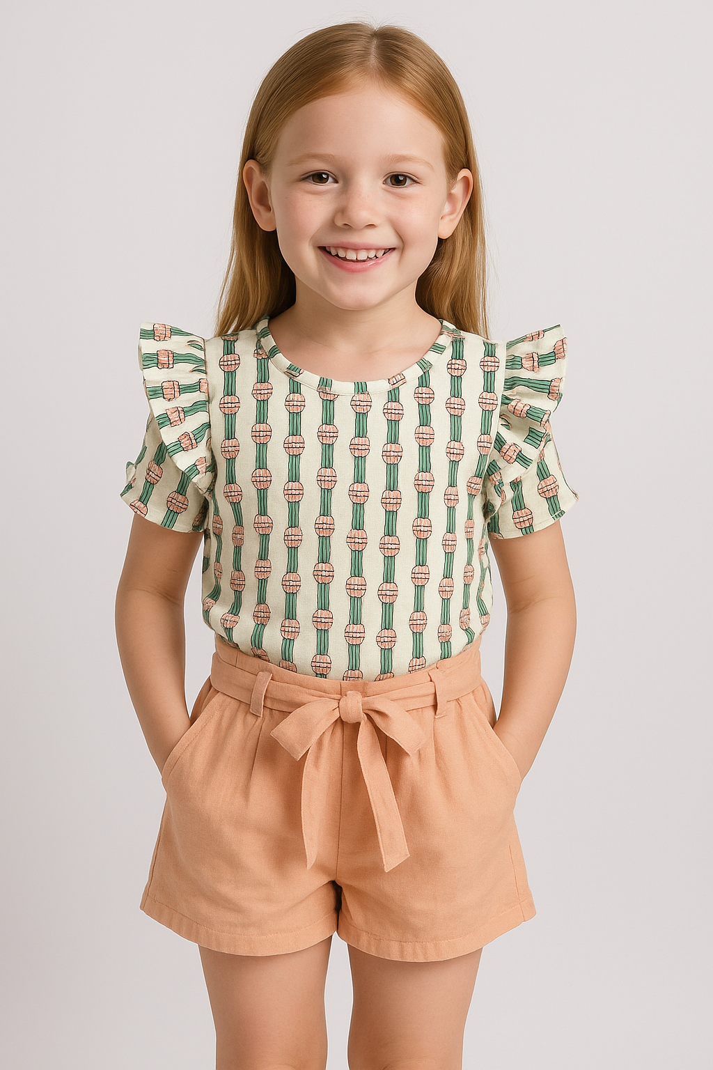 Abstract print top with ruffle sleeves and matching peach belted shorts for girls