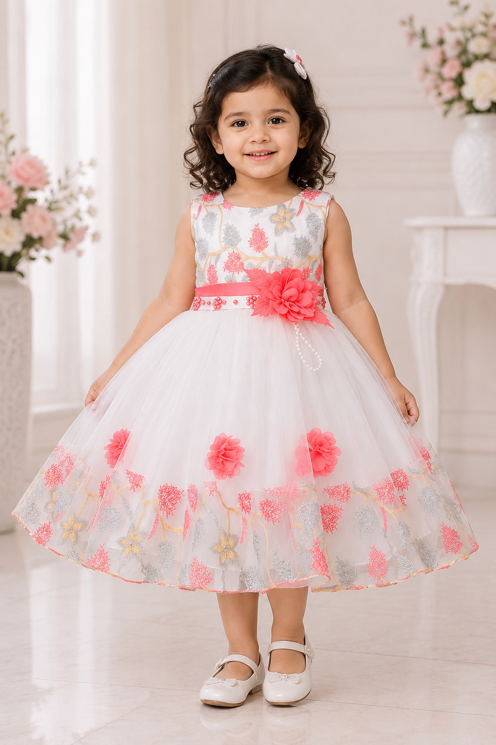 White floral embroidered party dress for girls with coral accents