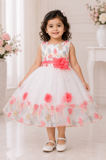 White floral embroidered party dress for girls with coral accents