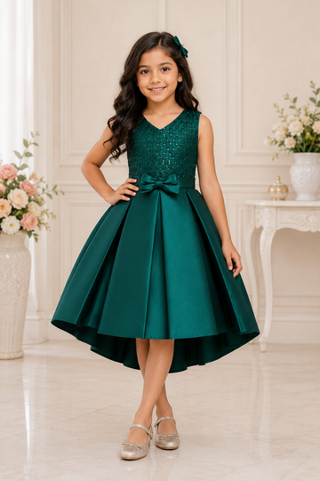 Emerald green pleated princess party gown for girls with layered skirt
