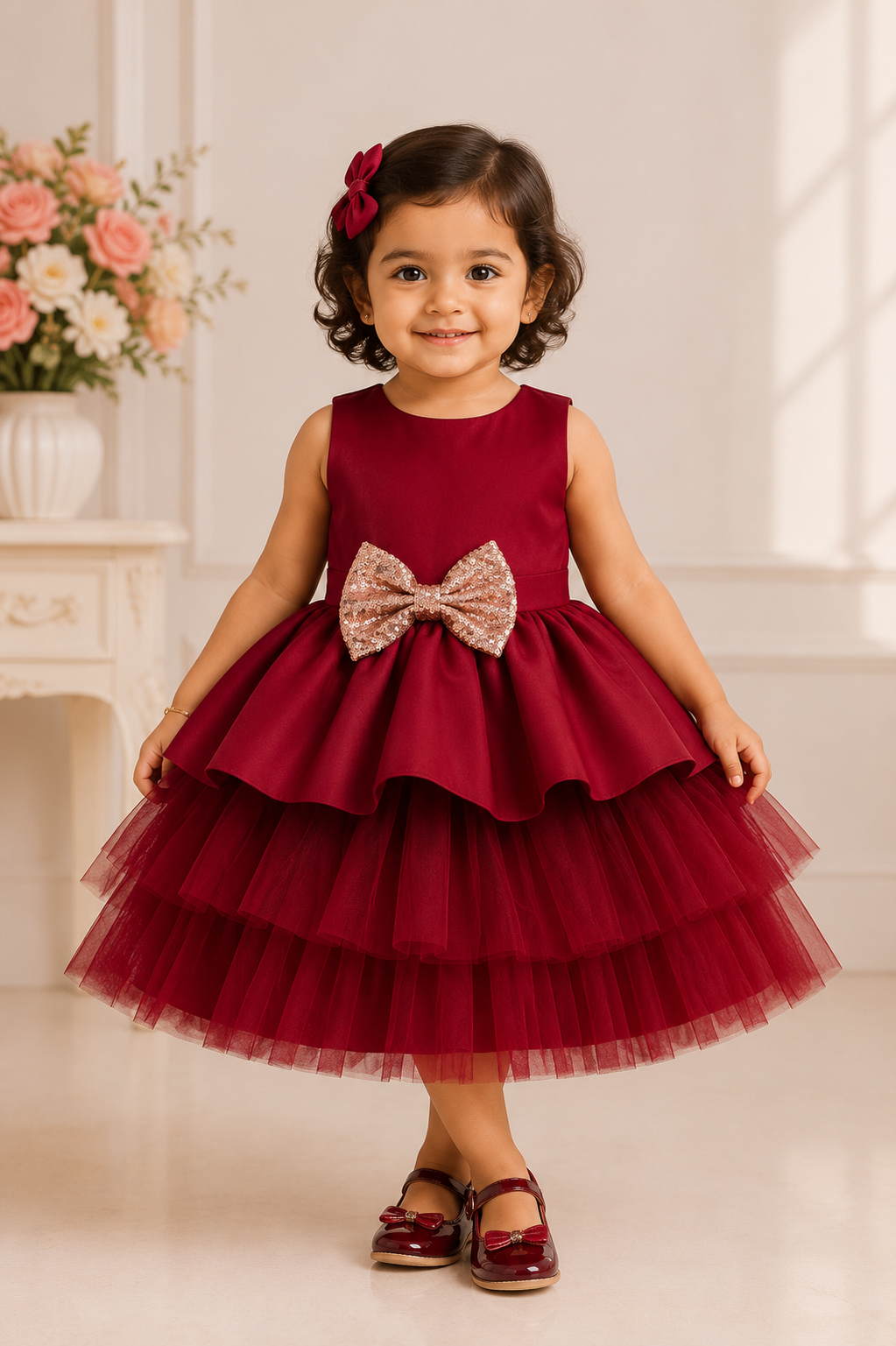 Baby girls wine red layered tulle partywear gown with sequin bow