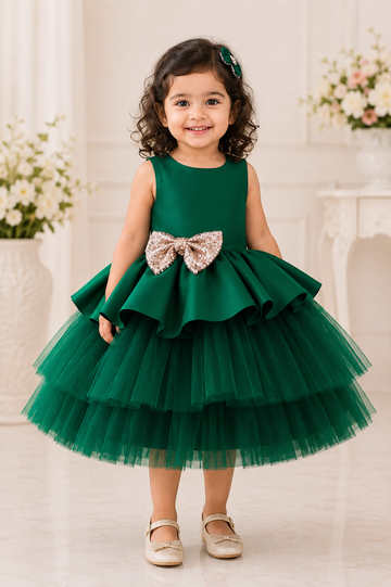 Bottle green baby girl frock with glitter bow