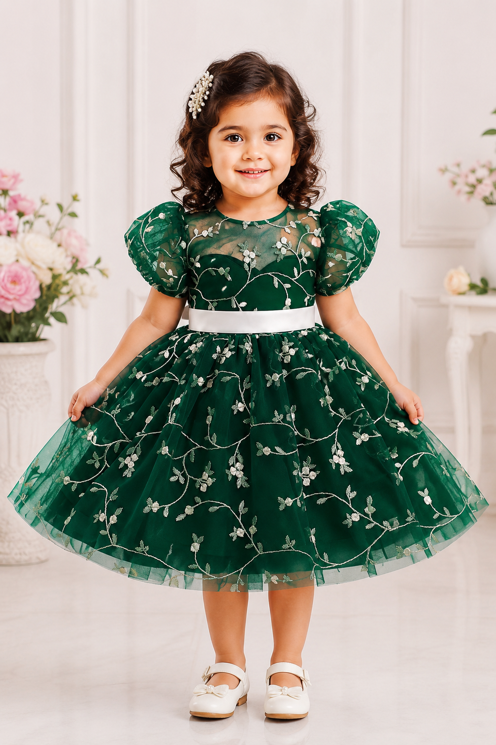 emerald green dress 3 6 months Embroidered Puff Sleeve Party for Baby – Inayah Fashion birthday dress emerald green baby dress
