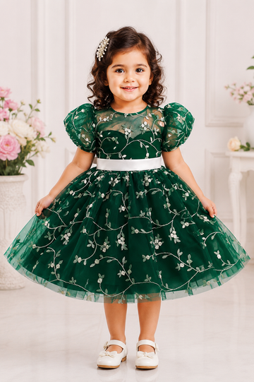 Emerald Elegance Embroidered Puff Sleeve Party Frock for Baby Girls