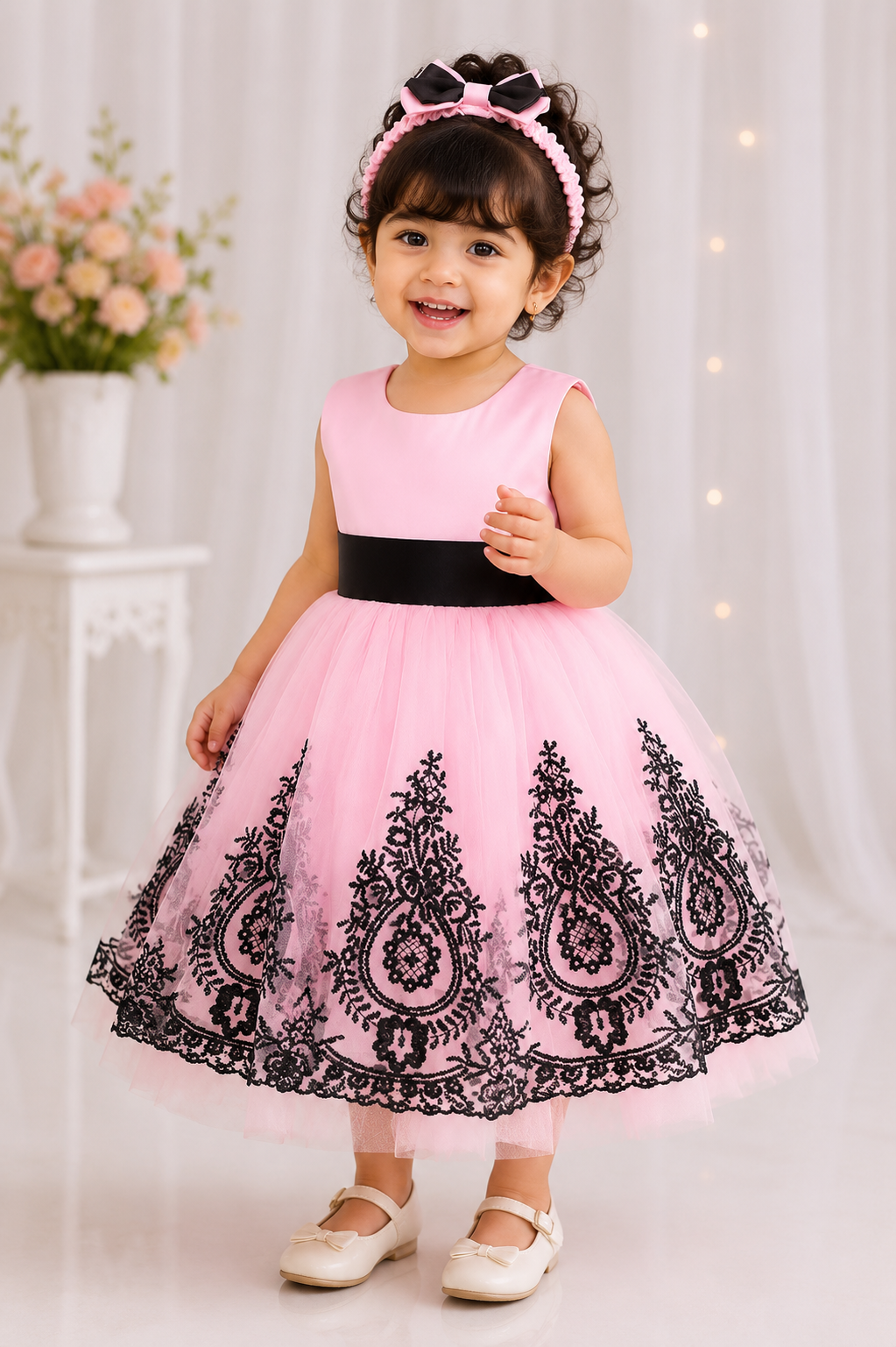 Pink and black lace tulle birthday party dress for girls