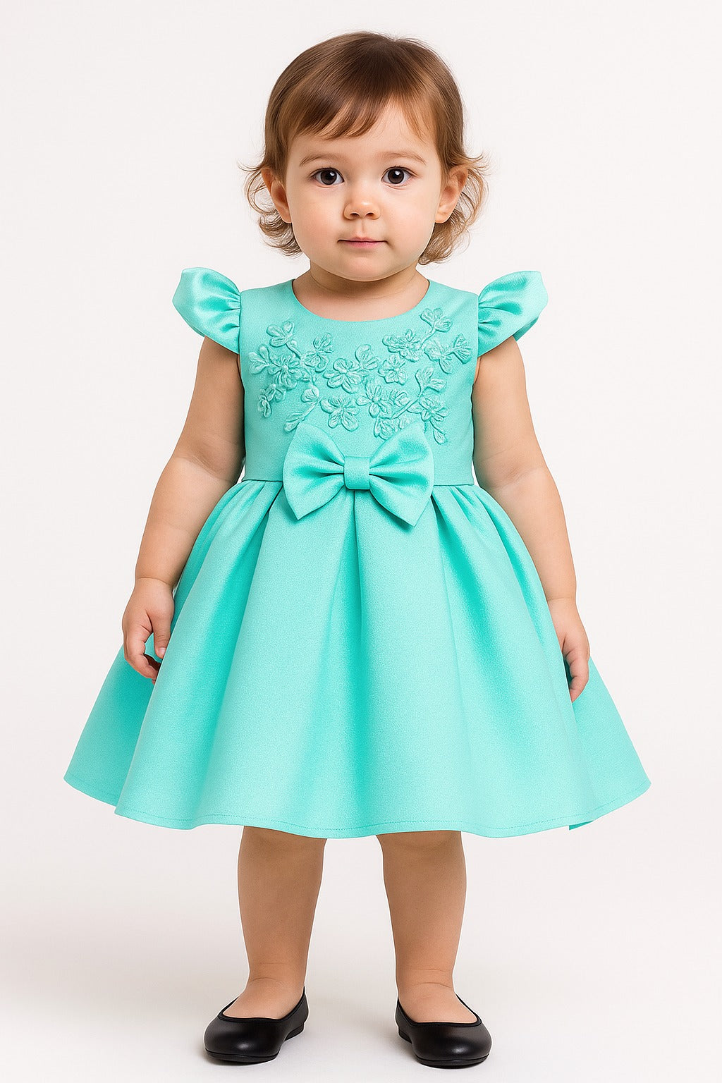 Barbie Blue Solid Applique Floral Sleeveless Bow Party Dress - Inayah Fashion