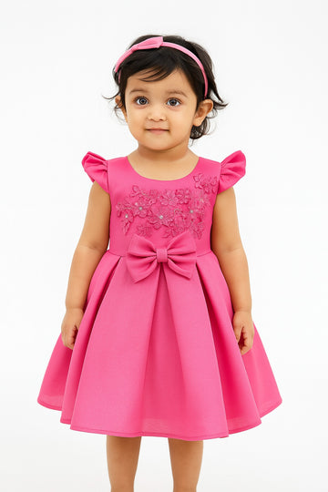 Barbie Pink Solid Applique Floral Sleeveless Bow Party Dress - Inayah Fashion