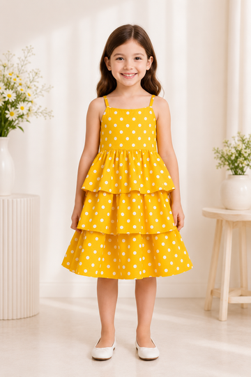 Yellow polka dot sleeveless layered summer frock for girls with straps