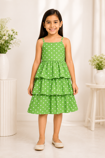 Green polka dot layered sleeveless ruffle frock for girls