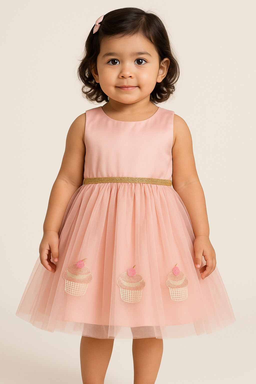Blush Pink Sleeveless Party Frock with Sparkling Cupcake Sequin Embroidery and Golden Waist Belt - Inayah Fashion