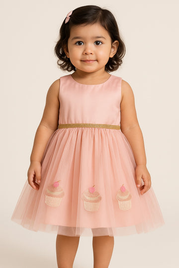 Blush Pink Sleeveless Party Frock with Sparkling Cupcake Sequin Embroidery and Golden Waist Belt - Inayah Fashion