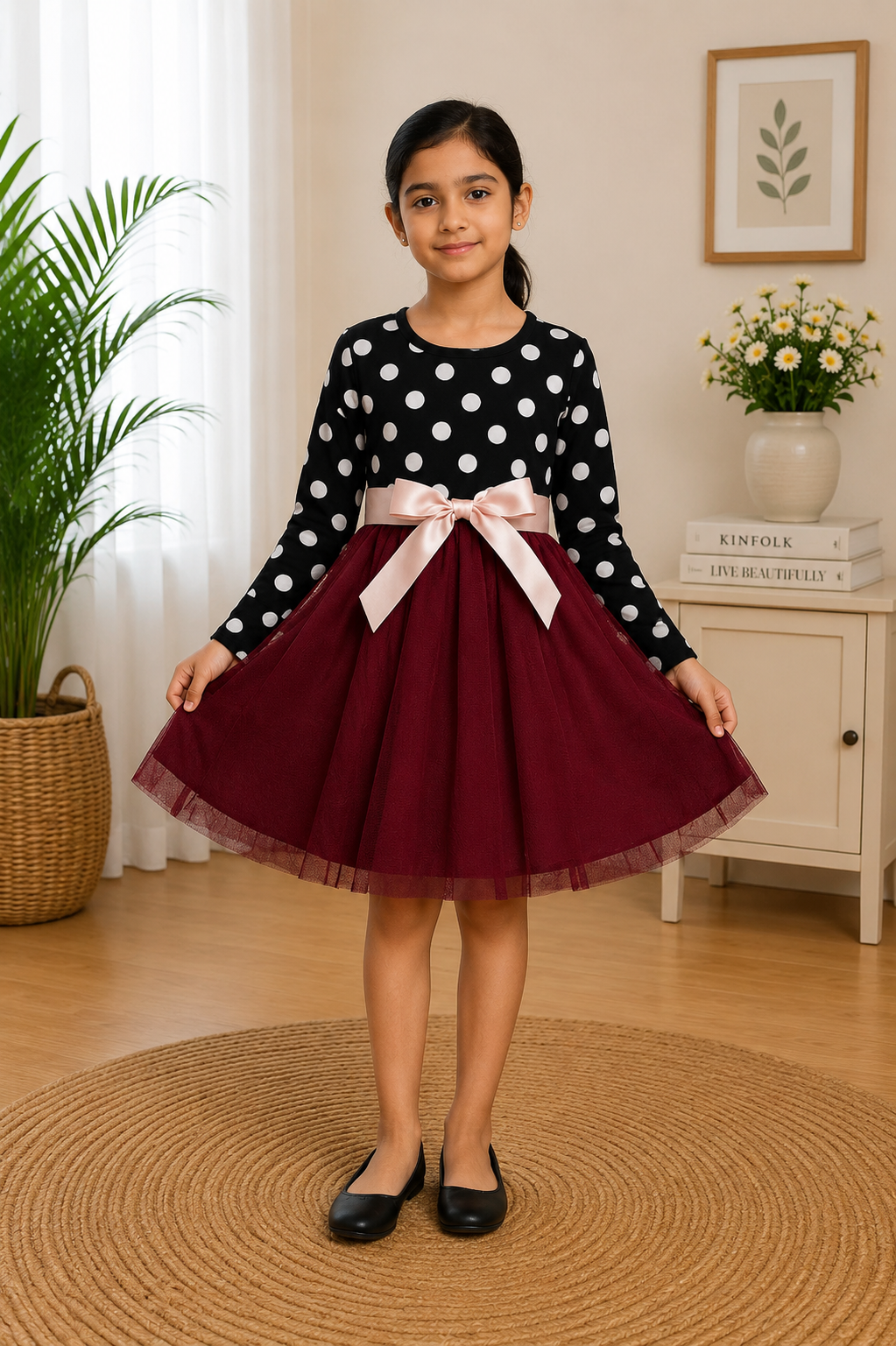 Maroon net party frock with black polka dot top and full sleeves for girls