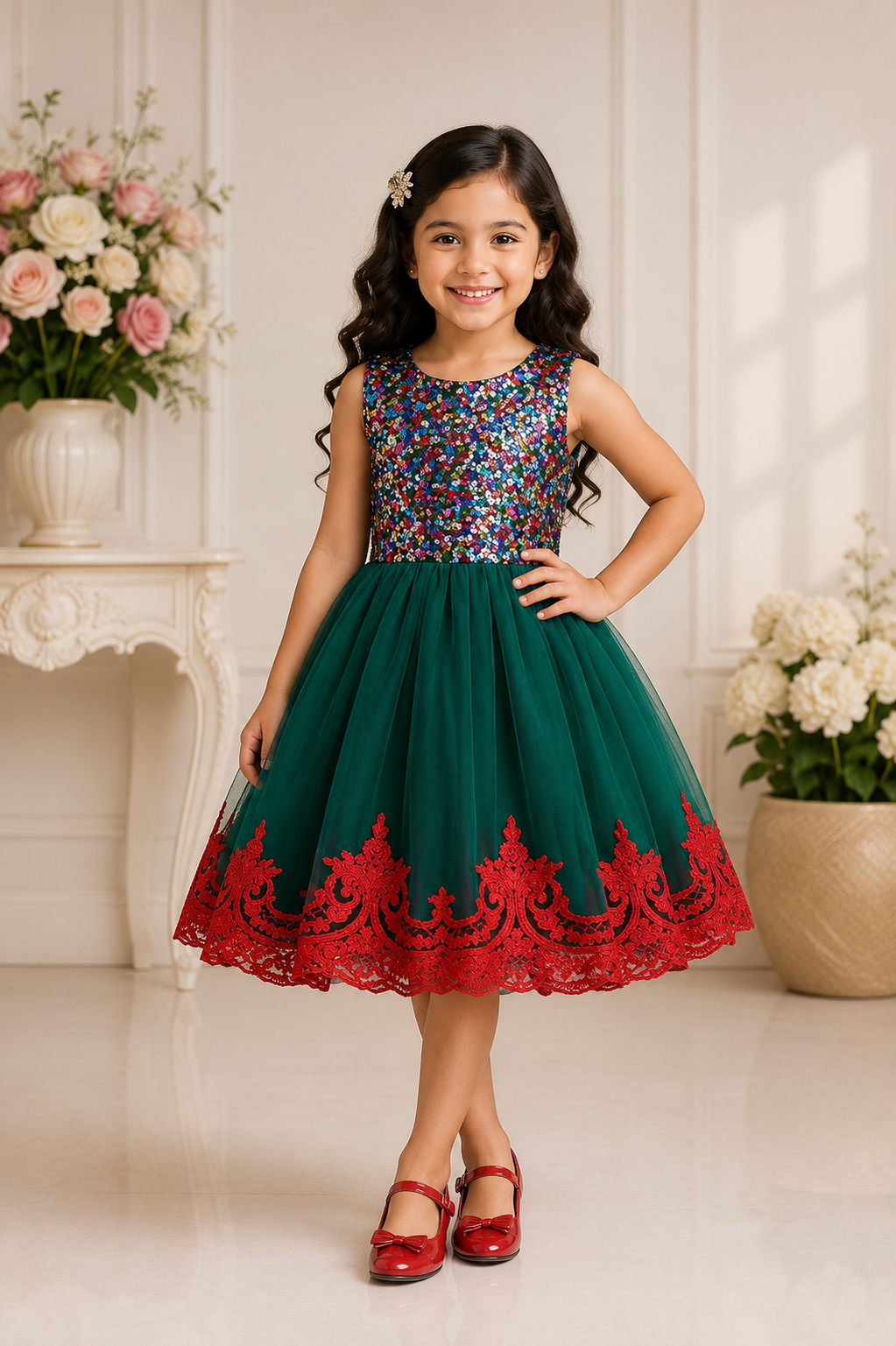 Green party frock for girls with sequin bodice and red lace hem