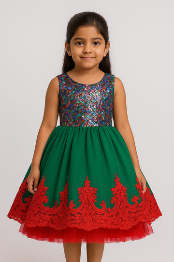 Green Party Frock with Sequin Bodice & Red Lace Hem for Girls - Inayah Fashion