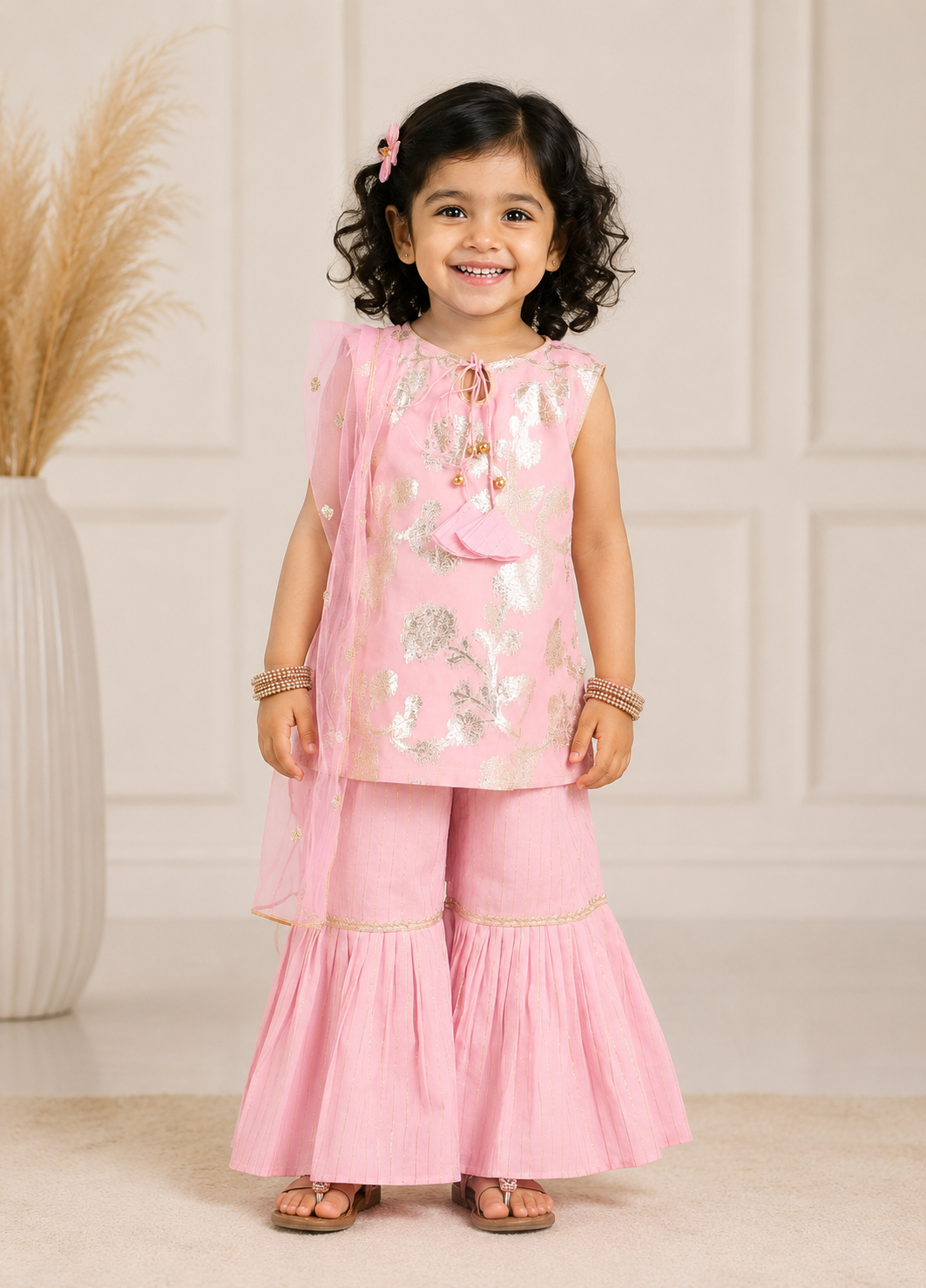 Blush pink floral sequin kurta with gharara set for girls