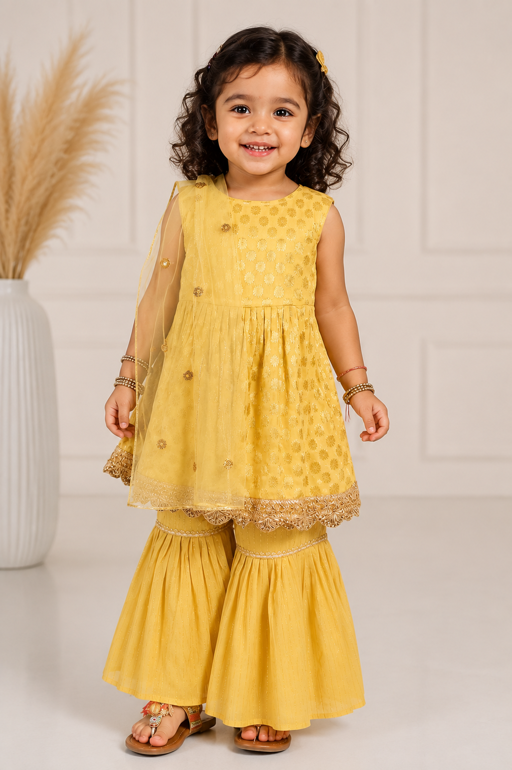 Sunshine yellow brocade kurta with gharara set for girls