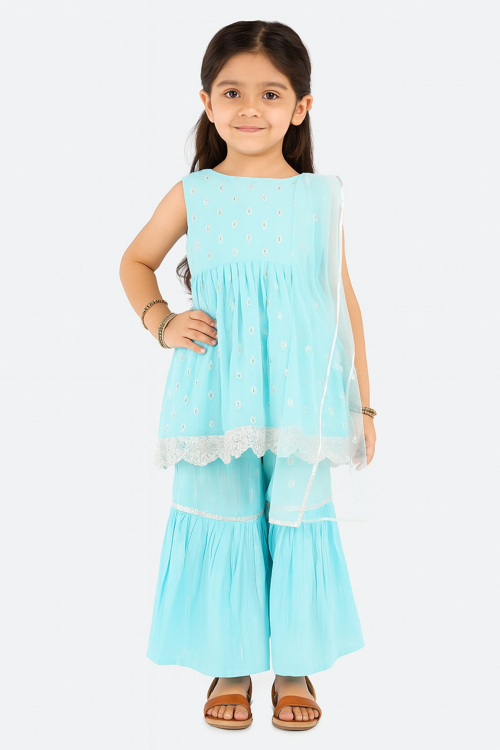 Aqua Blue Sharara Set for Girls – Sleeveless Kurti with Silver Embroidery, Tiered Sharara Pants & Net Dupatta - Inayah Fashion