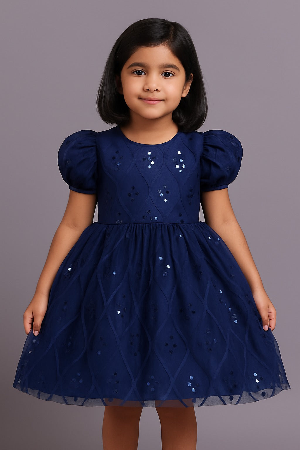 Navy Blue Sequin Net Frock for Girls – Puff Sleeve Party Wear - Inayah Fashion