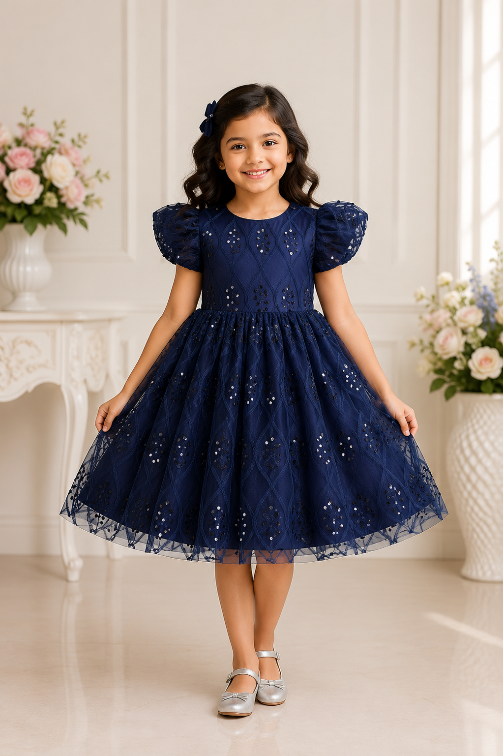 Navy blue sequin net party frock for girls with dramatic puff sleeves