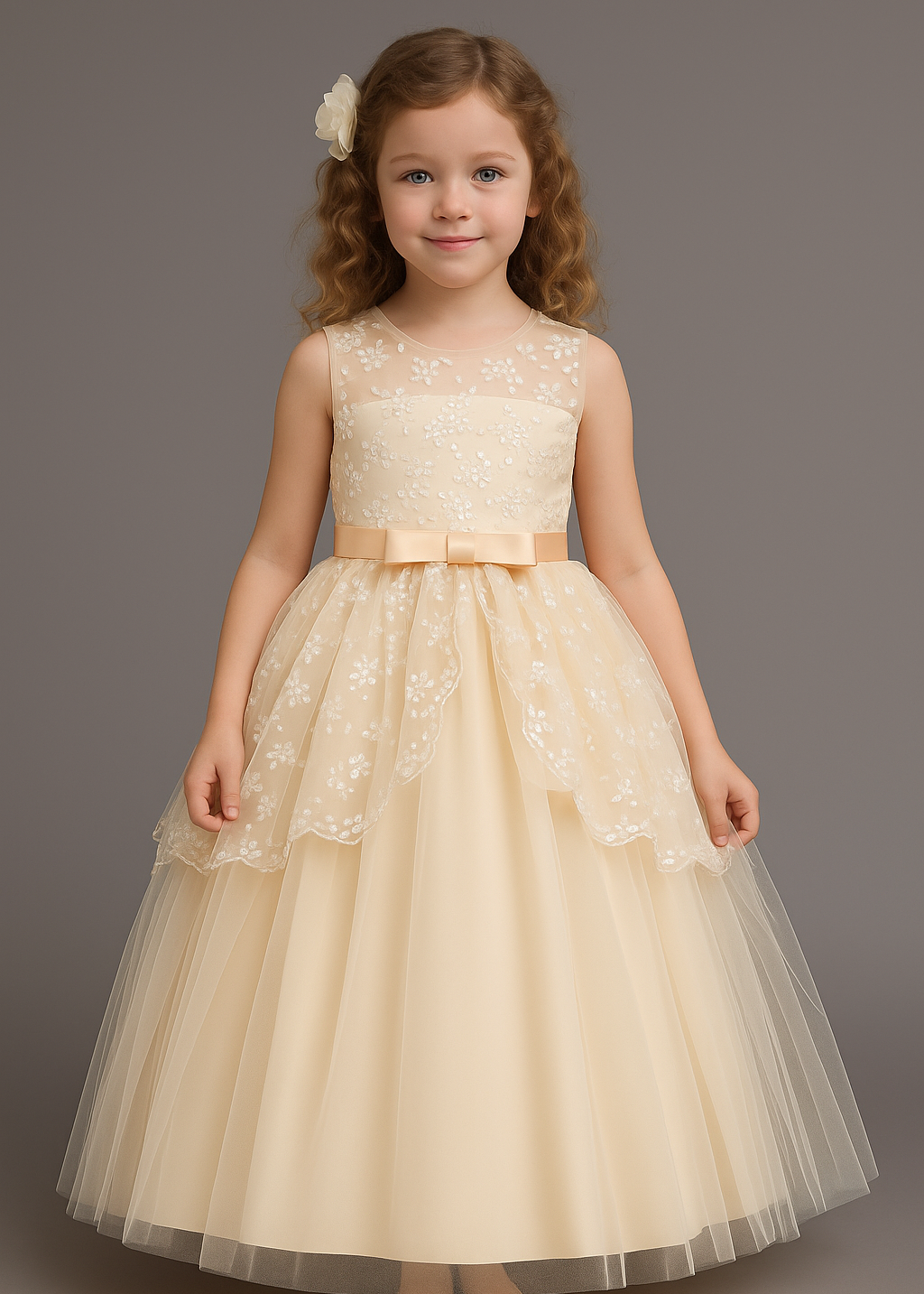 Champagne Flower Embroidered Princess Gown for Girls - Inayah Fashion