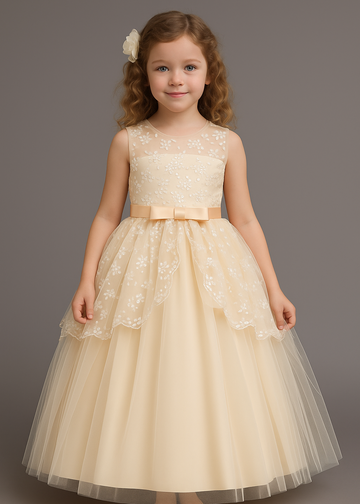 Champagne Flower Embroidered Princess Gown for Girls - Inayah Fashion