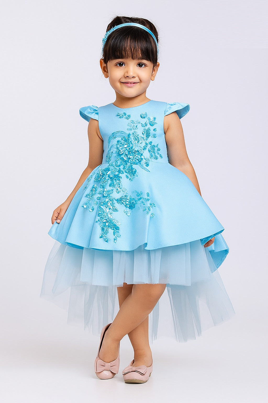 Chic Sky Blue Layered High-Low Frock with Sequin Floral Embellishments - Inayah Fashion