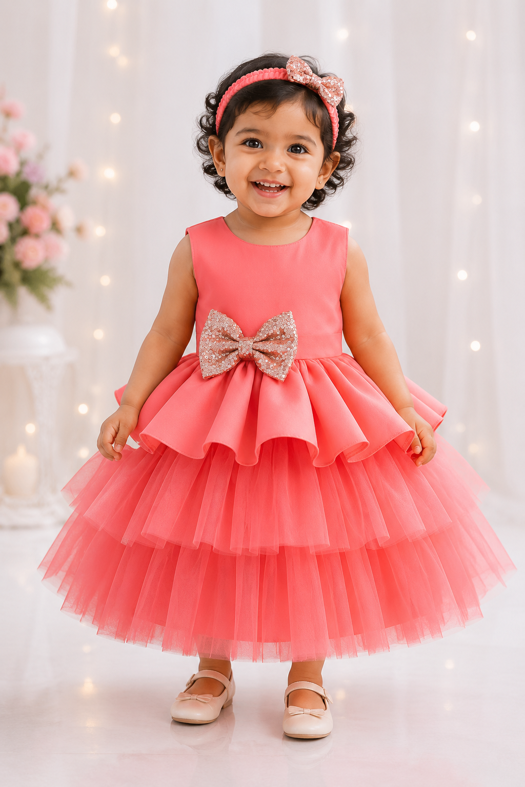 Coral pink baby girl party dress with sequinned bow and matching headband