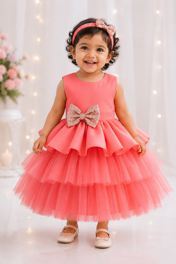 Coral pink baby girl party dress with sequinned bow and matching headband