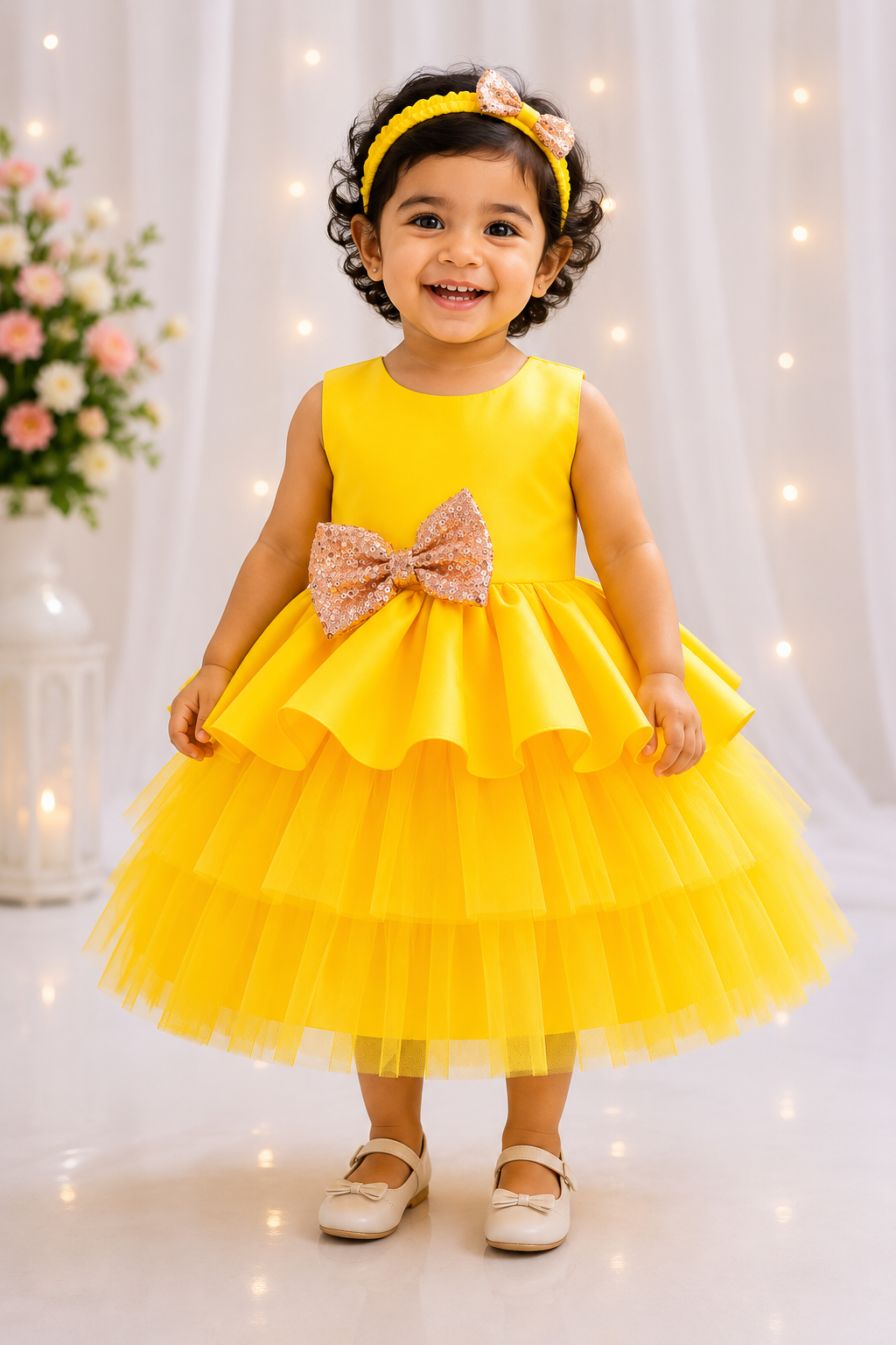 Bright yellow baby girl birthday frock with ruffle layers and sequin bow