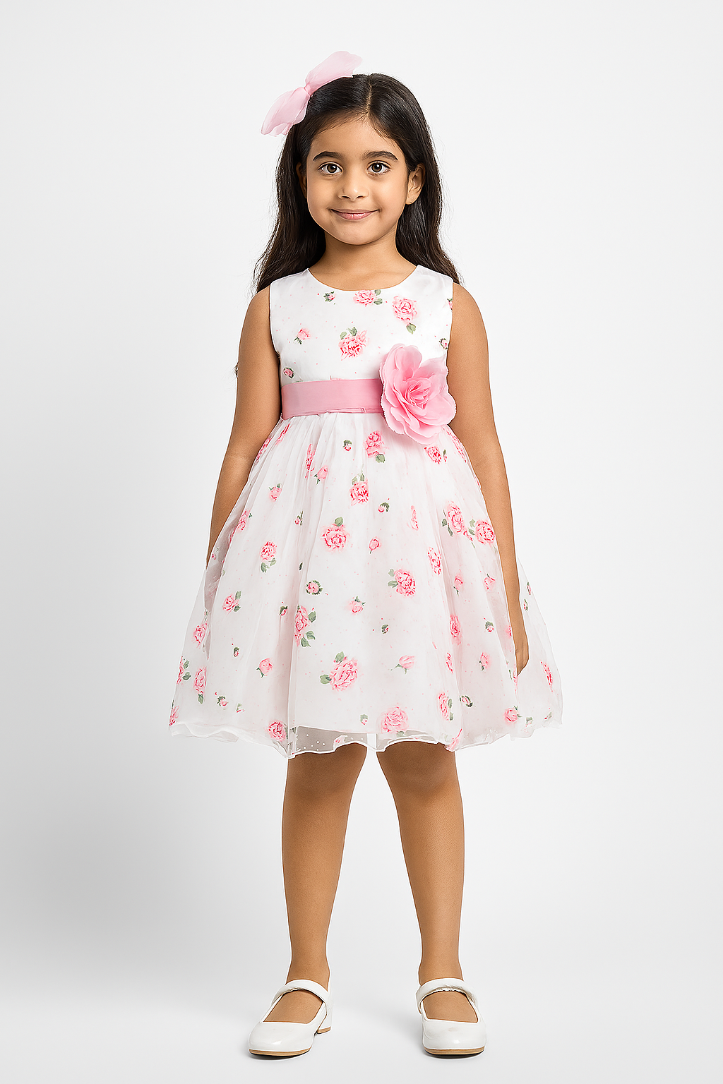 Charming White & Pink Rose Floral Party Dress for Baby Girls - Inayah Fashion