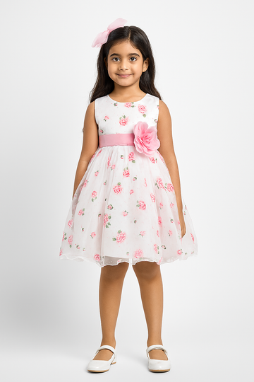 Charming White & Pink Rose Floral Party Dress for Baby Girls - Inayah Fashion