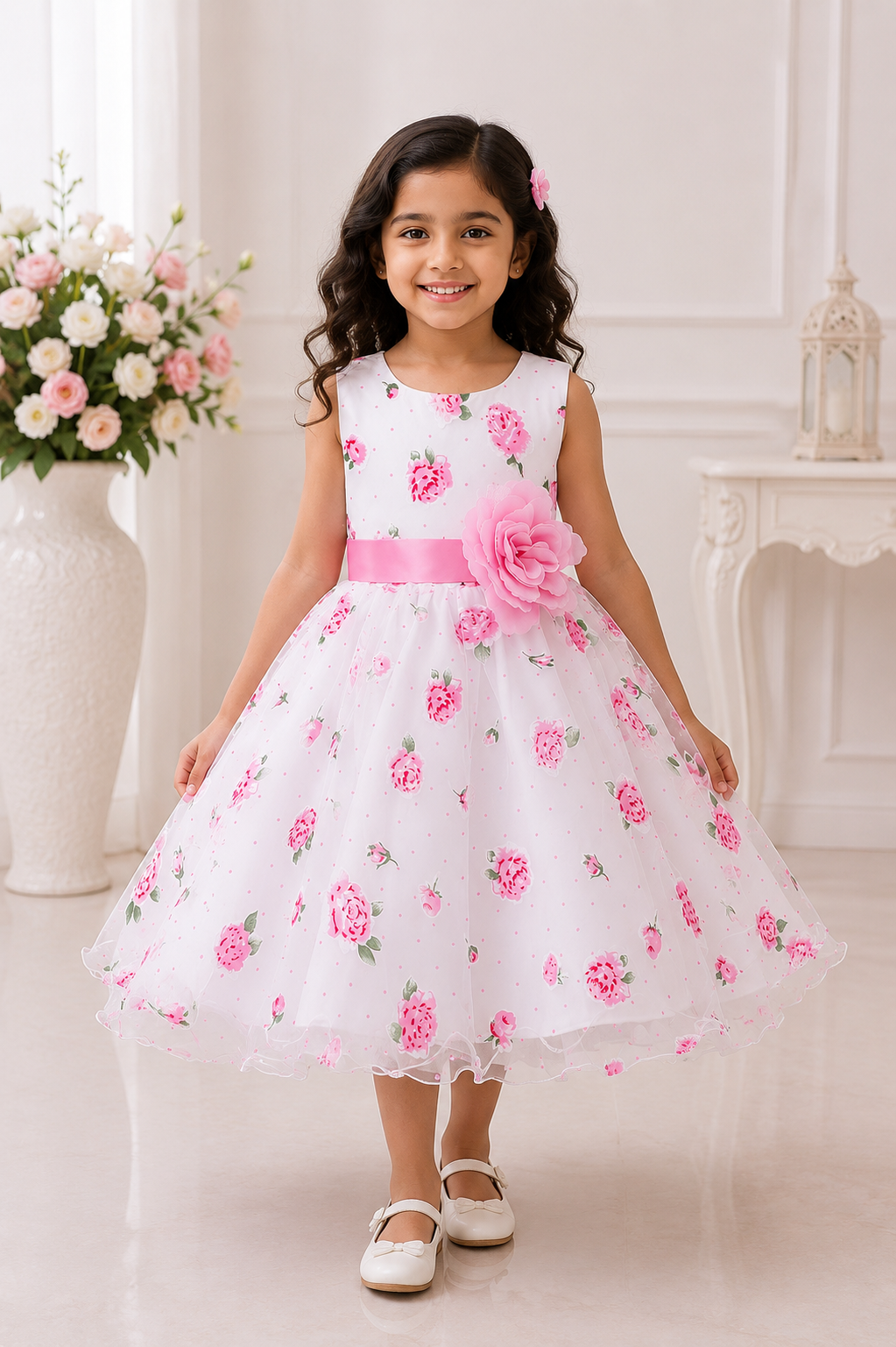 Charming White & Pink Rose Floral Party Dress for Baby Girls