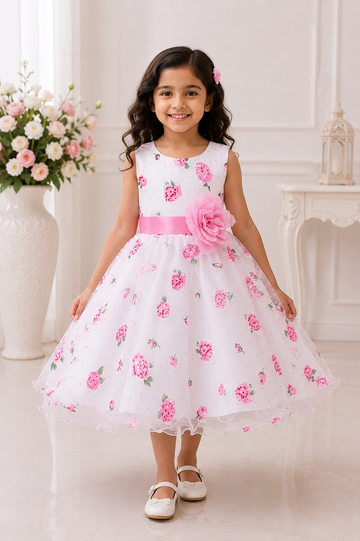 Charming White & Pink Rose Floral Party Dress for Baby Girls